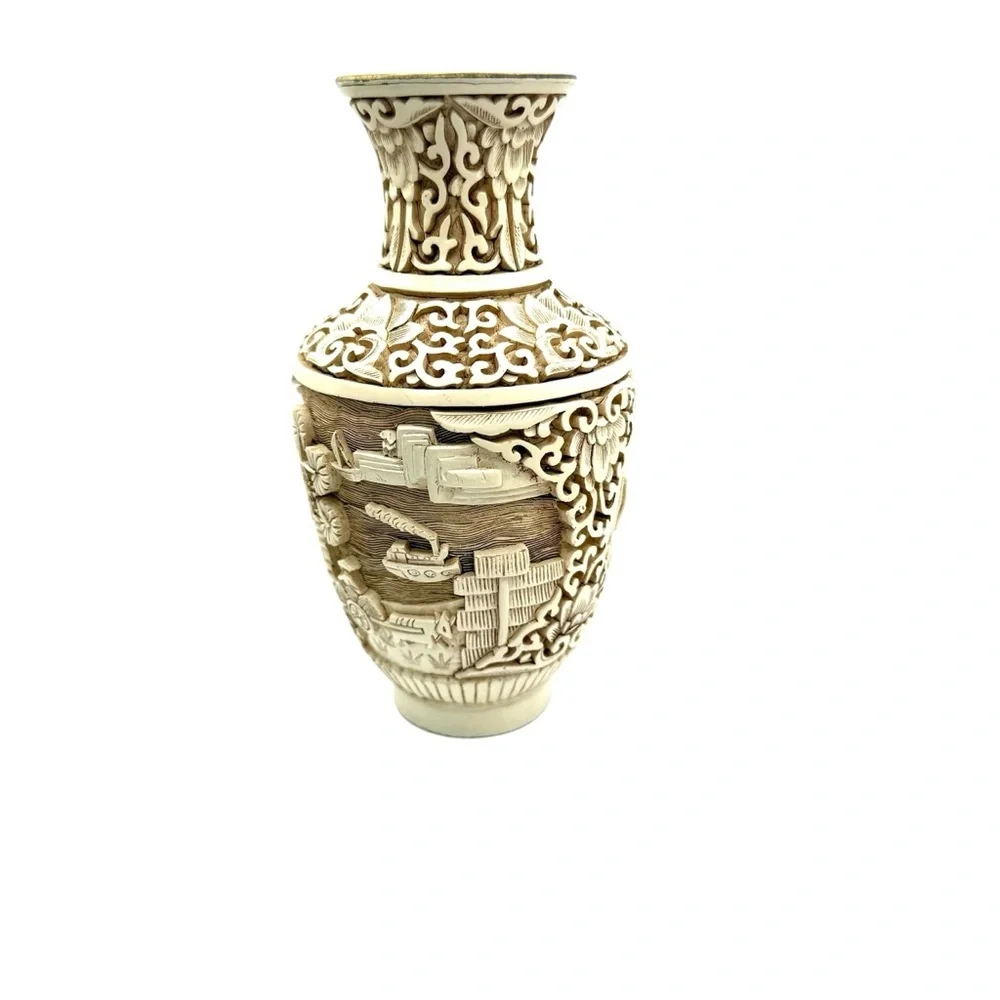 Ivory‎ Dynasty 1982 Arnart Imports Carved Cinnabar & Brass Vase Asian Inspired